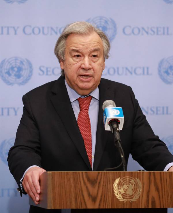 Antonio Guterres, Generalsekretär der Vereinten Nationen, spricht im UN-Hauptquartier in New York zur Presse.