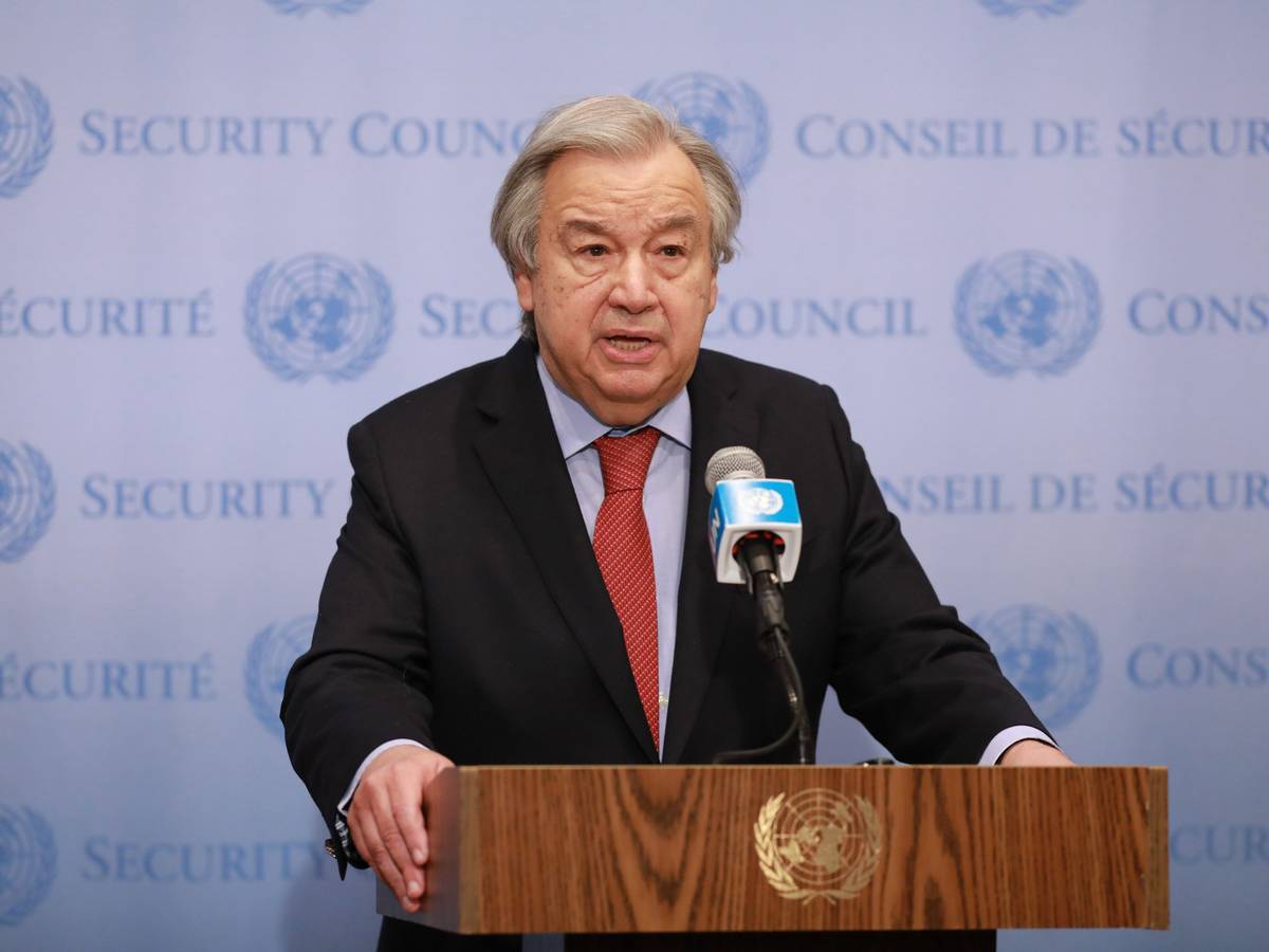 Antonio Guterres, Generalsekretär der Vereinten Nationen, spricht im UN-Hauptquartier in New York zur Presse.