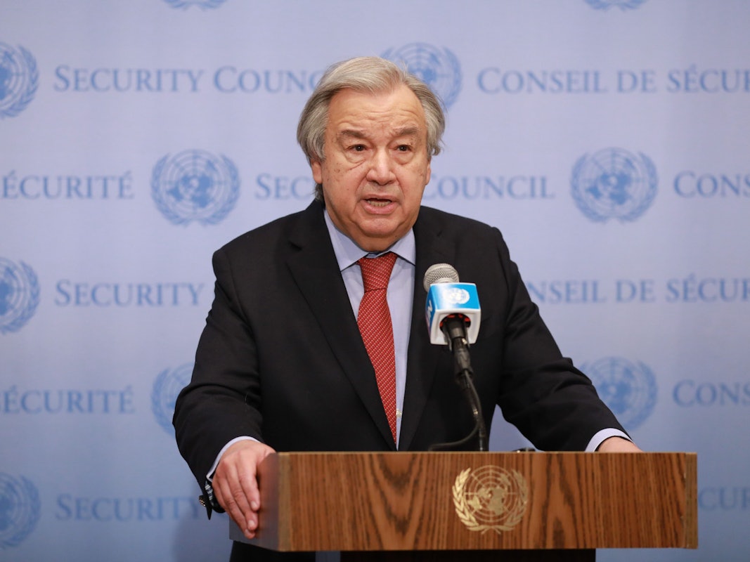 Antonio Guterres, Generalsekretär der Vereinten Nationen, spricht im UN-Hauptquartier in New York zur Presse.