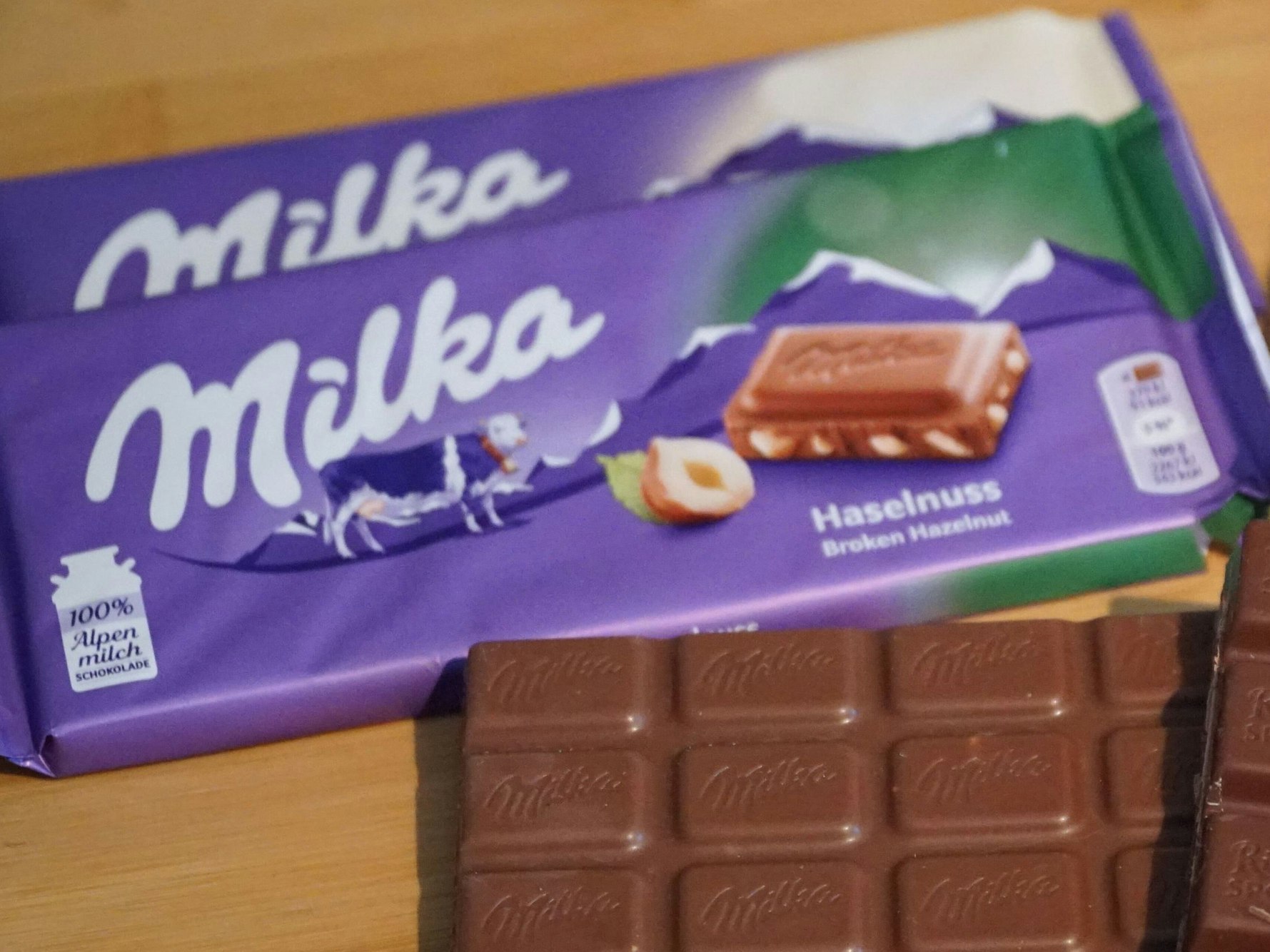 Schokoladentafeln der Marken Ritter Sport und Milka liegen neben einem Maßstab auf einem Tisch.