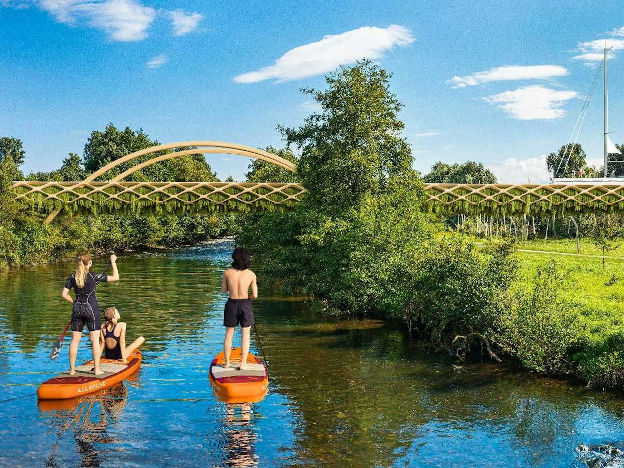 Menschen machen auf einem Kanal Stand-Up-Paddling.