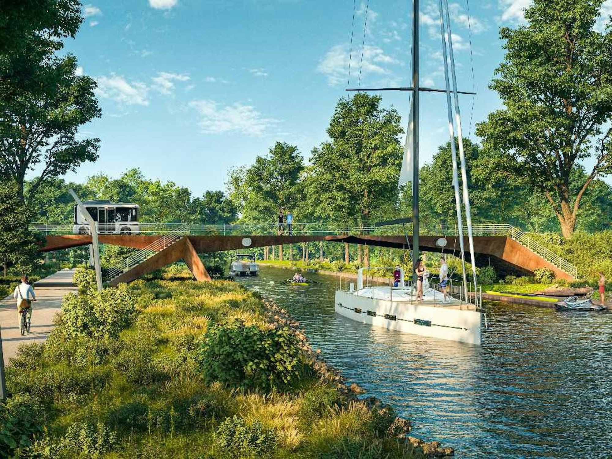 Menschen befinden sich an einem Kanal mit viel Grün.