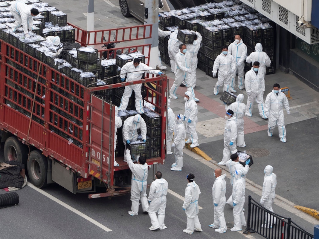 China: Corona ist in der Volksrepublik wieder extrem aufgeflammt. Lockwdowns gibt es in vielen Gebieten. Dort werden (wie auf unserem aktuellen Foto) auch Lebensmittel an die Bevölkerung verteilt, die nicht aus dem Haus gehen darf.