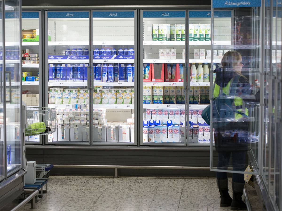 Eine Frau steht in einem Einkaufsmarkt vor einem Kühlregal mit Milchprodukten, Symbolfoto, aufgenommen im Januar 2015.