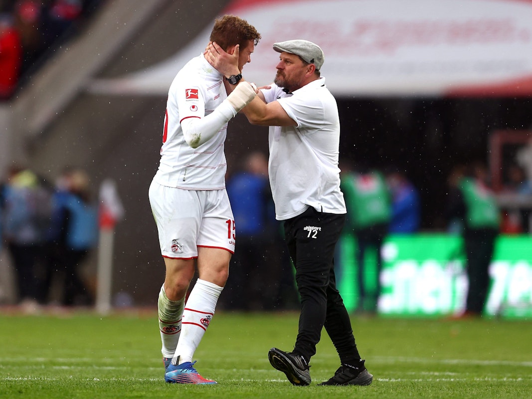 Steffen Baumgart und Luca Kilian jubeln beim 1. FC Köln gegen den FSV Mainz 05.