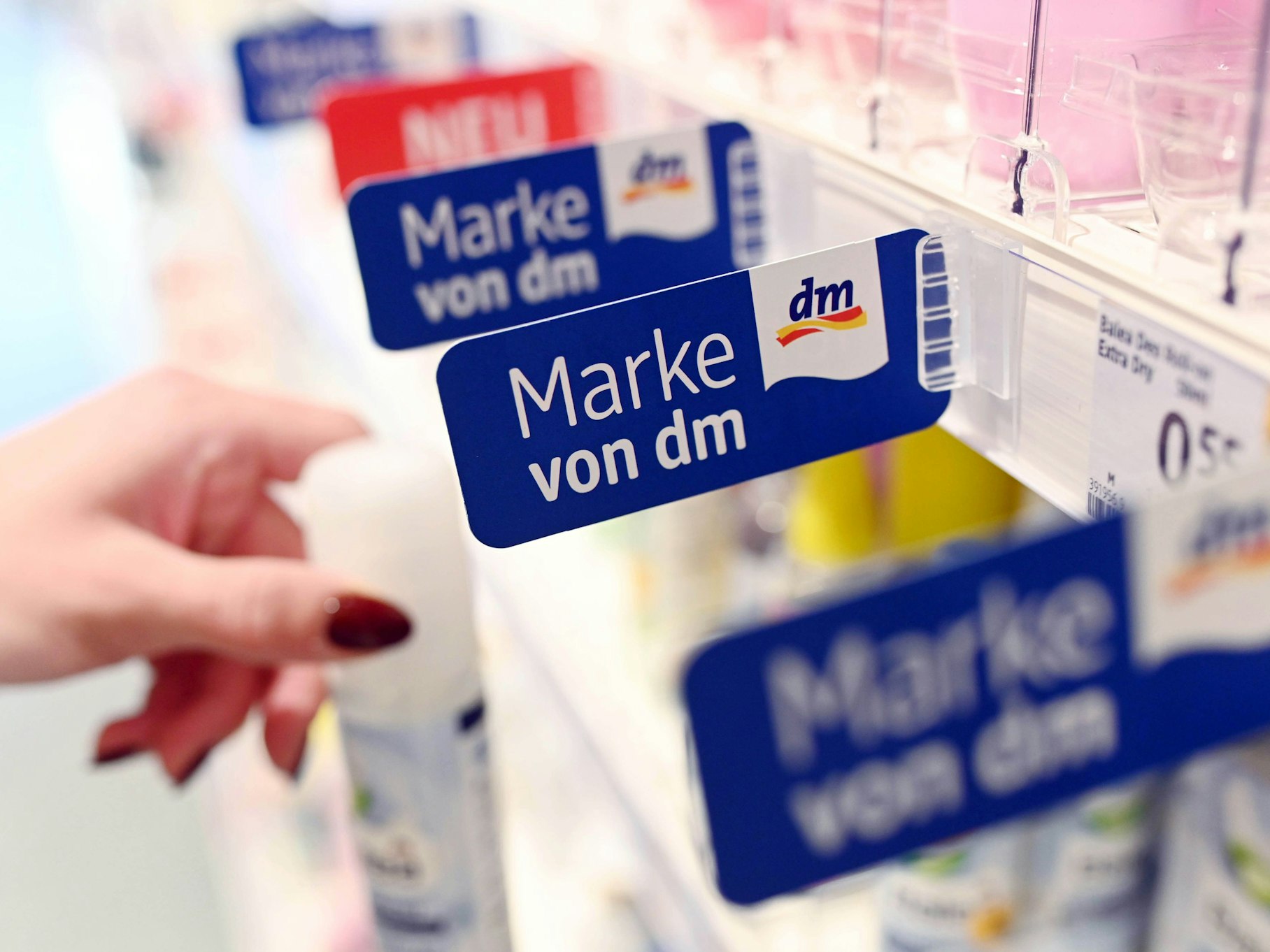 In einem Regal einer Filiale der Drogeriemarktkette dm hängen Schilder, die auf dm Eigenmarken hin weisen. Bei der Aufnahme handelt es sich um ein Symbolfoto von Oktober 2019.
