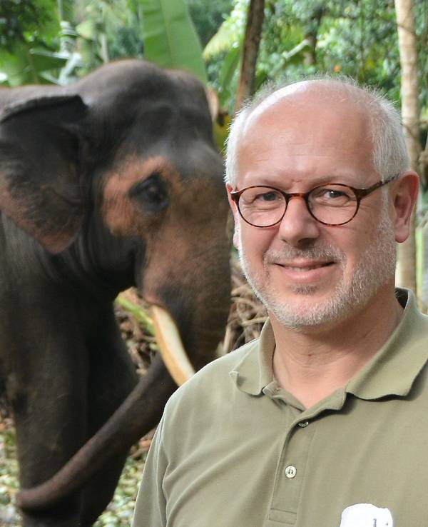 Prof. Pagel mit einem T-Shirt des Kölner Zoos vor einem Elefanten.