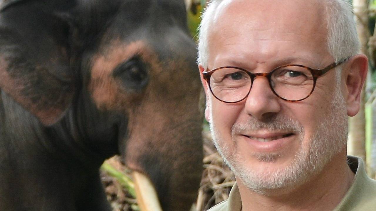 Prof. Pagel mit einem T-Shirt des Kölner Zoos vor einem Elefanten.