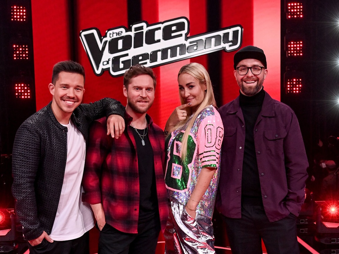 Die Coaches Nico Santos, Johannes Oerding, Sarah Connor und Mark Forster am Rande der Fernsehshow „The Voice of Germany“.