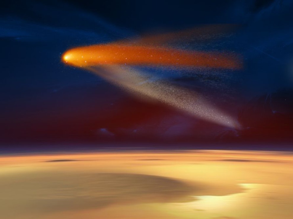 Das undatierte Bild der Nasa zeigt illustrativ, wie der Komet „Siding Spring“ in Rekordnähe am Mars vorbeiflog. Der Schweifstern passierte den Mars in nur knapp 140.000 Kilometer Entfernung.