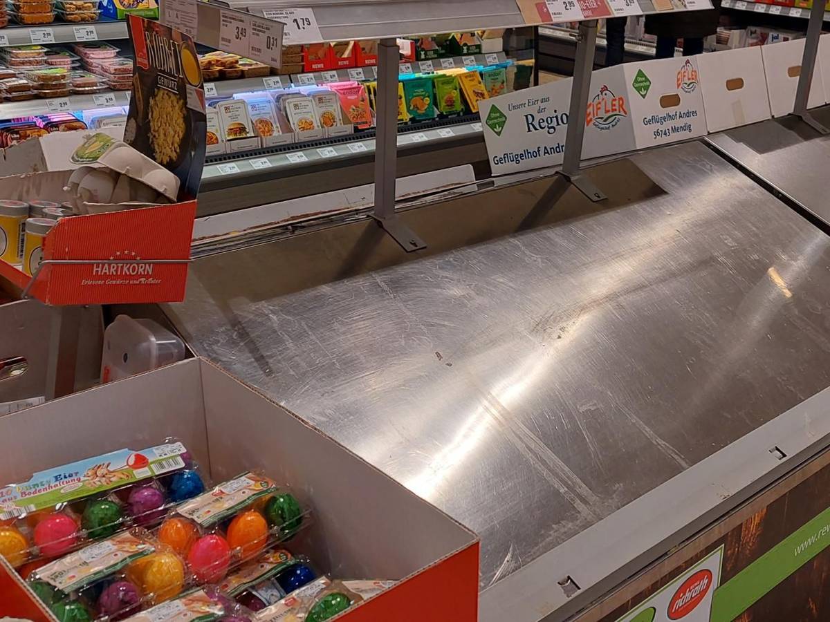 Leeres Eier-Regal in Kölner Rewe.