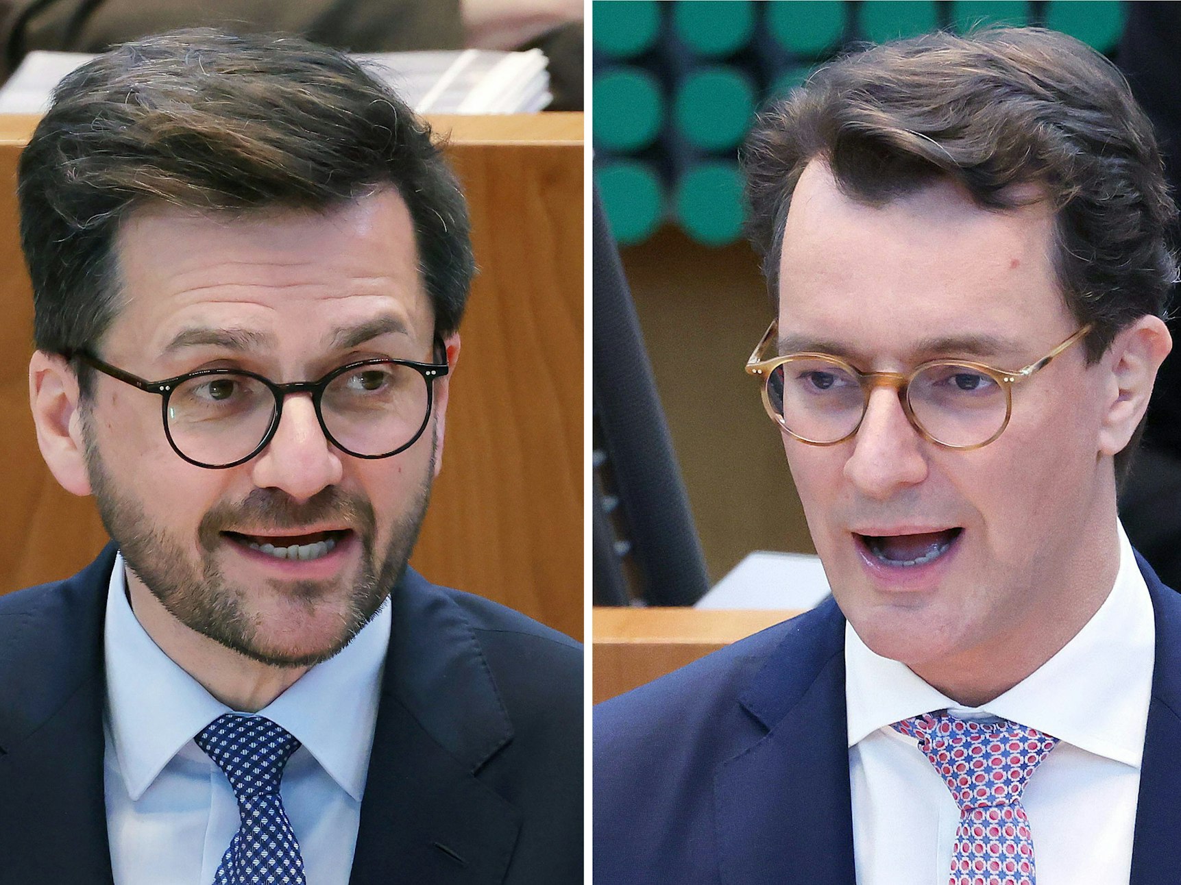 Thomas Kutschaty (SPD,l.) und Ministerpräsident Hendrik Wüst (CDU) gehen am 15. Mai 2022 als Spitzenkandidaten ihrer Parteien bei der Landtagswahl in Nordrhein-Westfalen ins Rennen.