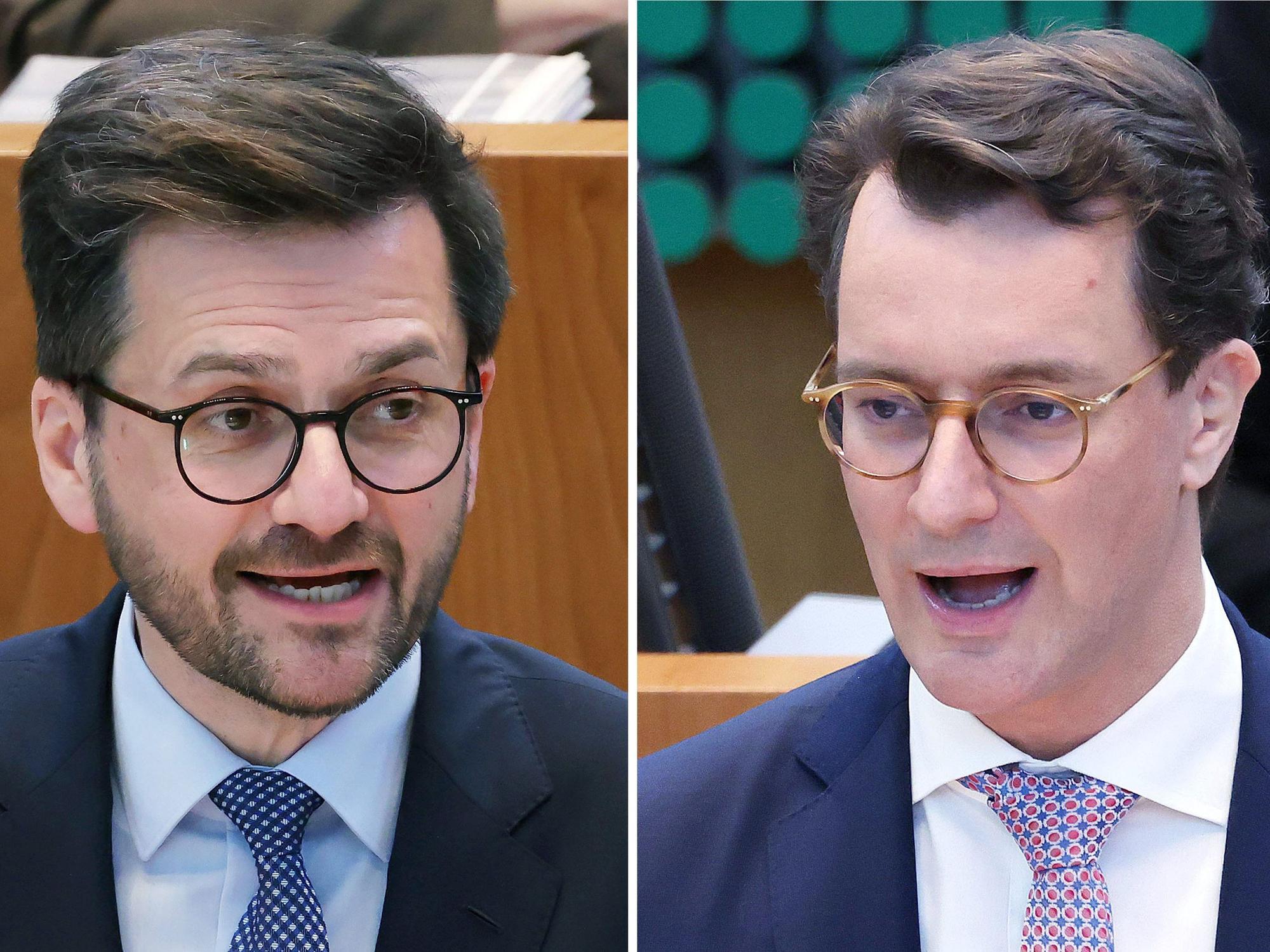 Thomas Kutschaty (SPD,l.) und Ministerpräsident Hendrik Wüst (CDU) gehen am 15. Mai 2022 als Spitzenkandidaten ihrer Parteien bei der Landtagswahl in Nordrhein-Westfalen ins Rennen.