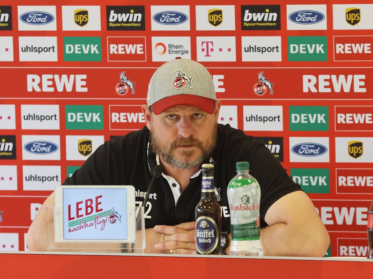 Steffen Baumgart gibt beim 1. FC Köln eine Pressekonferenz.
