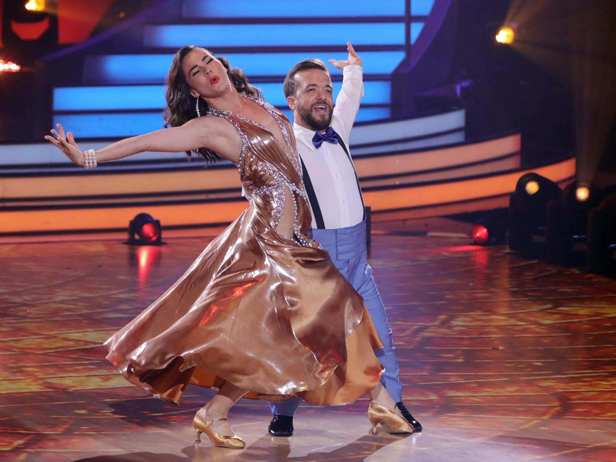 COLOGNE, GERMANY - APRIL 22: Mathias Mester and Renata Lusin perform on stage during the 8th show of the 15th season of the television competition show "Let's Dance" at MMC Studios on April 22, 2022 in Cologne, Germany. (Photo by Joshua Sammer/Getty Images)