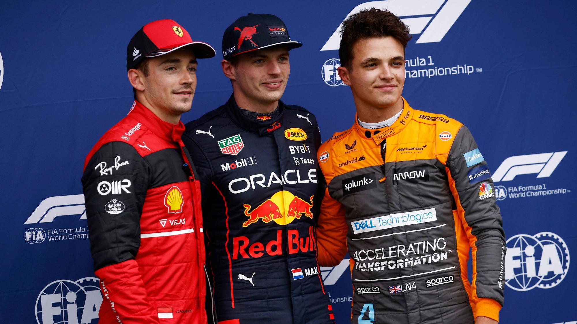 Ganz vorne beim Qualifying am 22. April 2022 in Imola (von links): Charles Leclerc (Platz zwei), Max Verstappen (Platz eins) und Lando Norris (Platz drei).