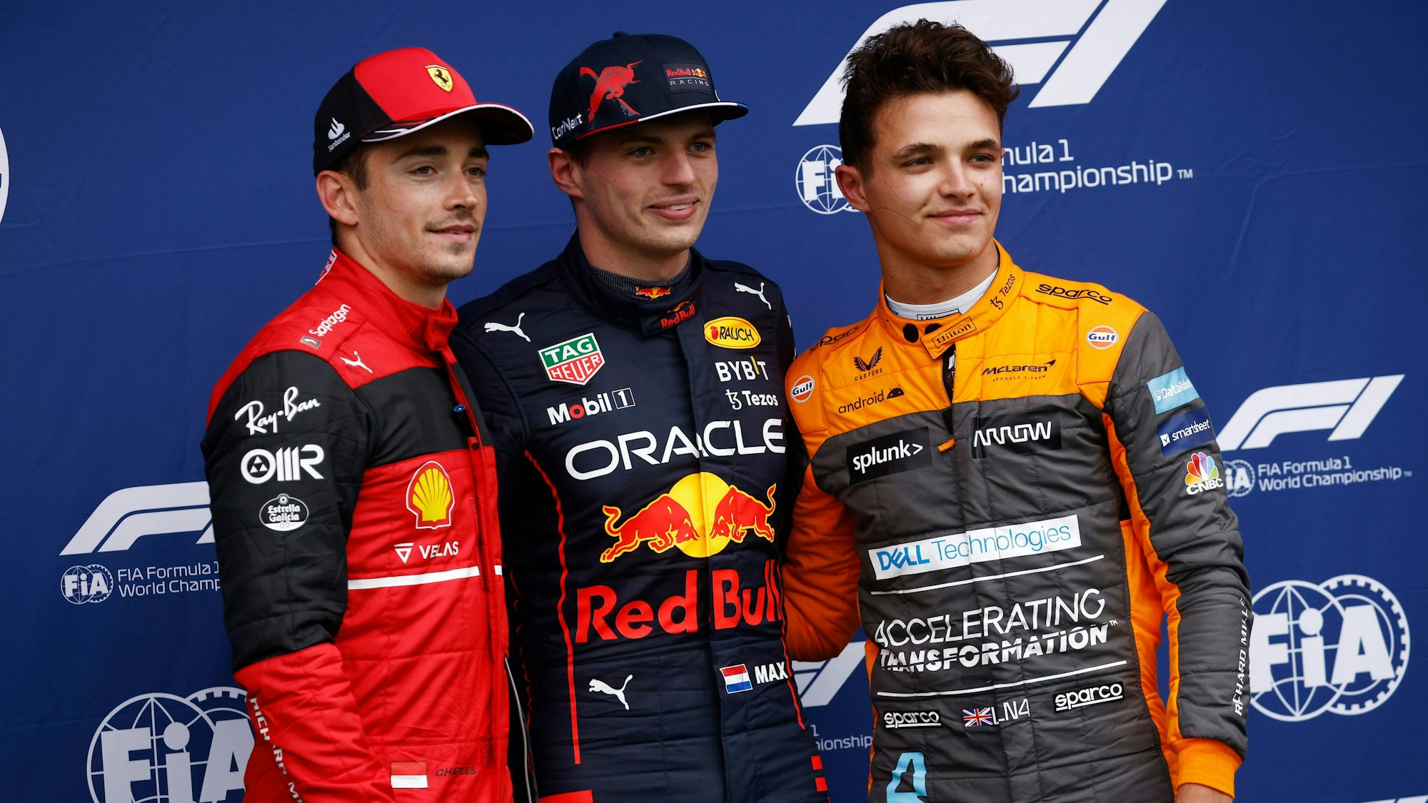 Ganz vorne beim Qualifying am 22. April 2022 in Imola (von links): Charles Leclerc (Platz zwei), Max Verstappen (Platz eins) und Lando Norris (Platz drei).