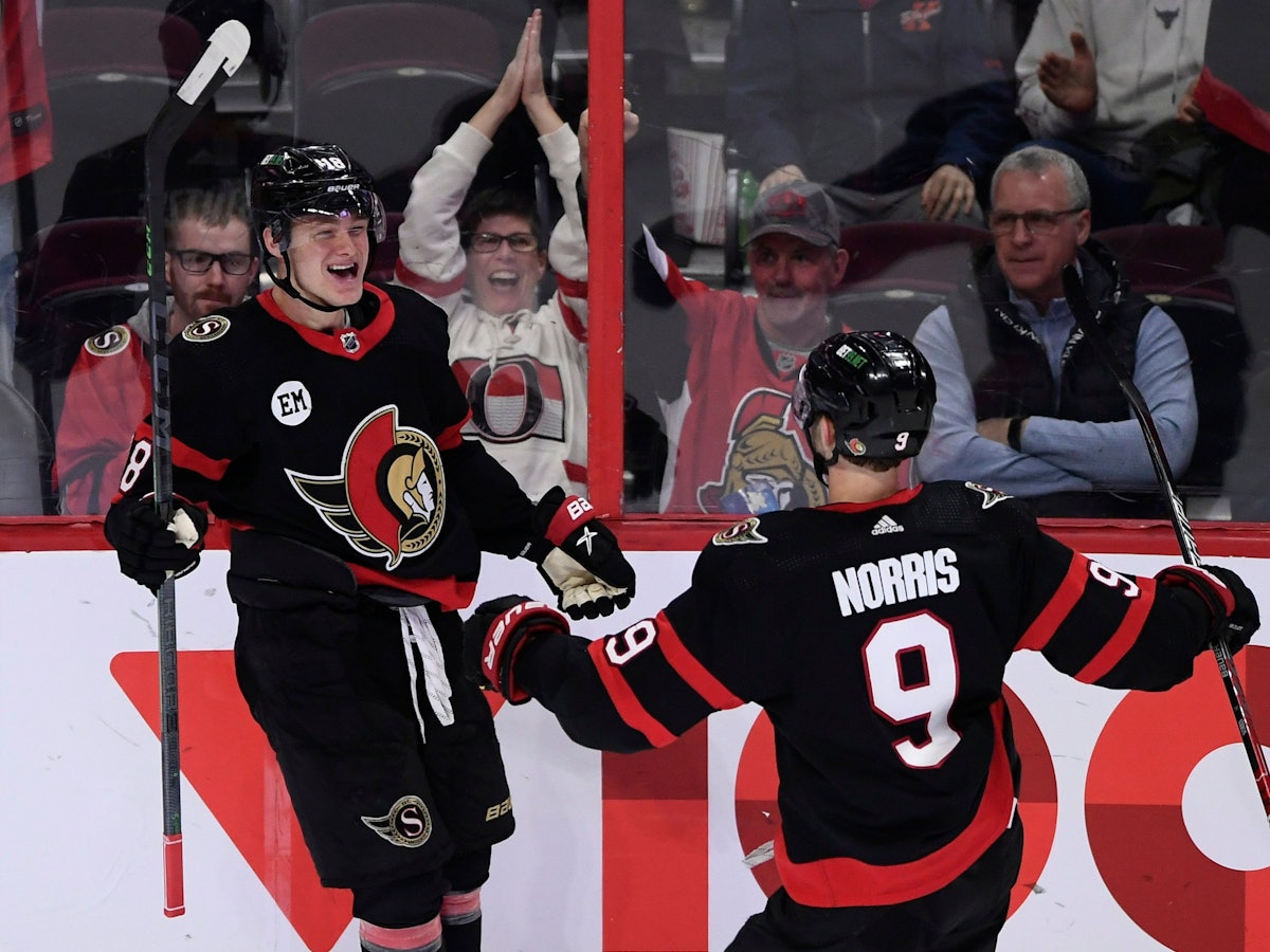 Tim Stutzle (18) feiert sein zweites Tor mit Teamkollege Josh Norris (9) im letzten Drittel des Spiels.