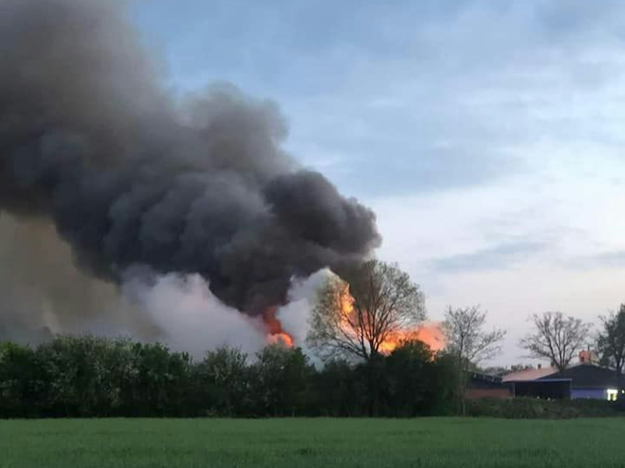 Von weitem sieht man hinter Bäumen lodernde Flammen und eine enorme Rauchsäule.