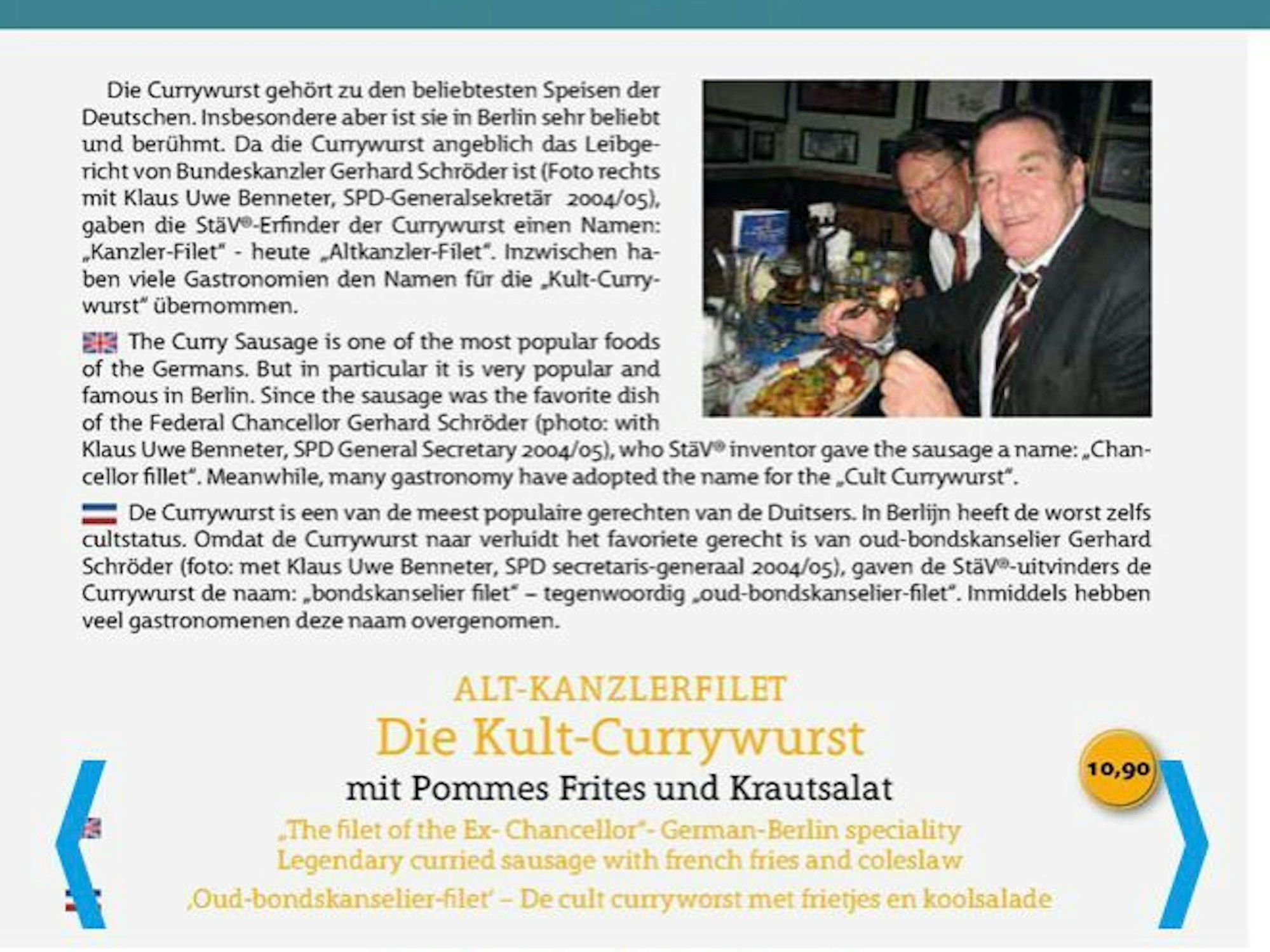 Speisekarte der Ständigen Vertretung mit Altkanzler Schröder.