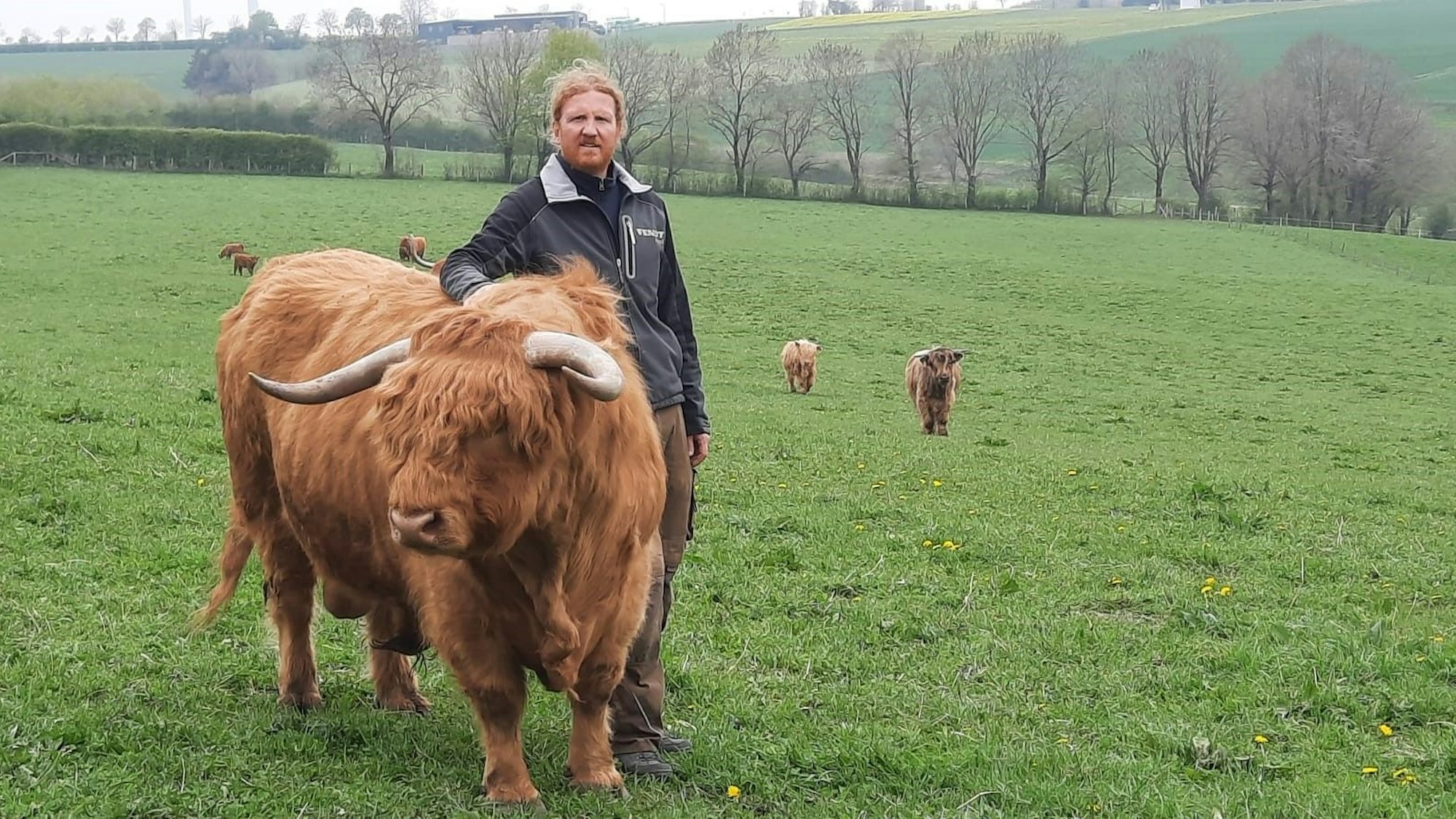 Simon Breuer steht auf einer Wiese und hat einen Arm auf ein Schottisches Hochlandrind gelegt.
