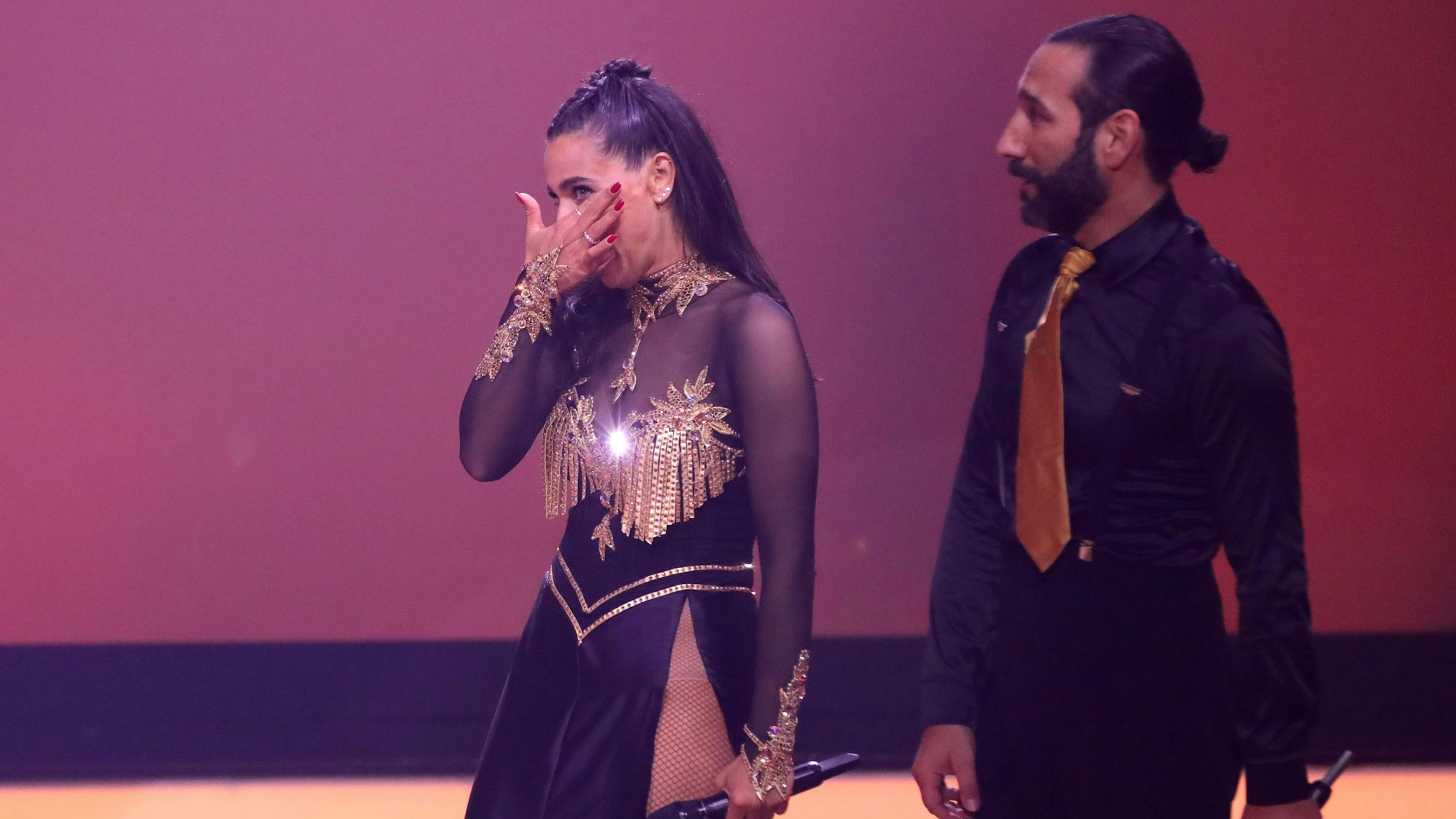COLOGNE, GERMANY - APRIL 29: Amira Pocher and Massimo Sinató speak on stage during the 9th show of the 15th season of the television competition show "Let's Dance" at MMC Studios on April 29, 2022 in Cologne, Germany. (Photo by Joshua Sammer/Getty Images)