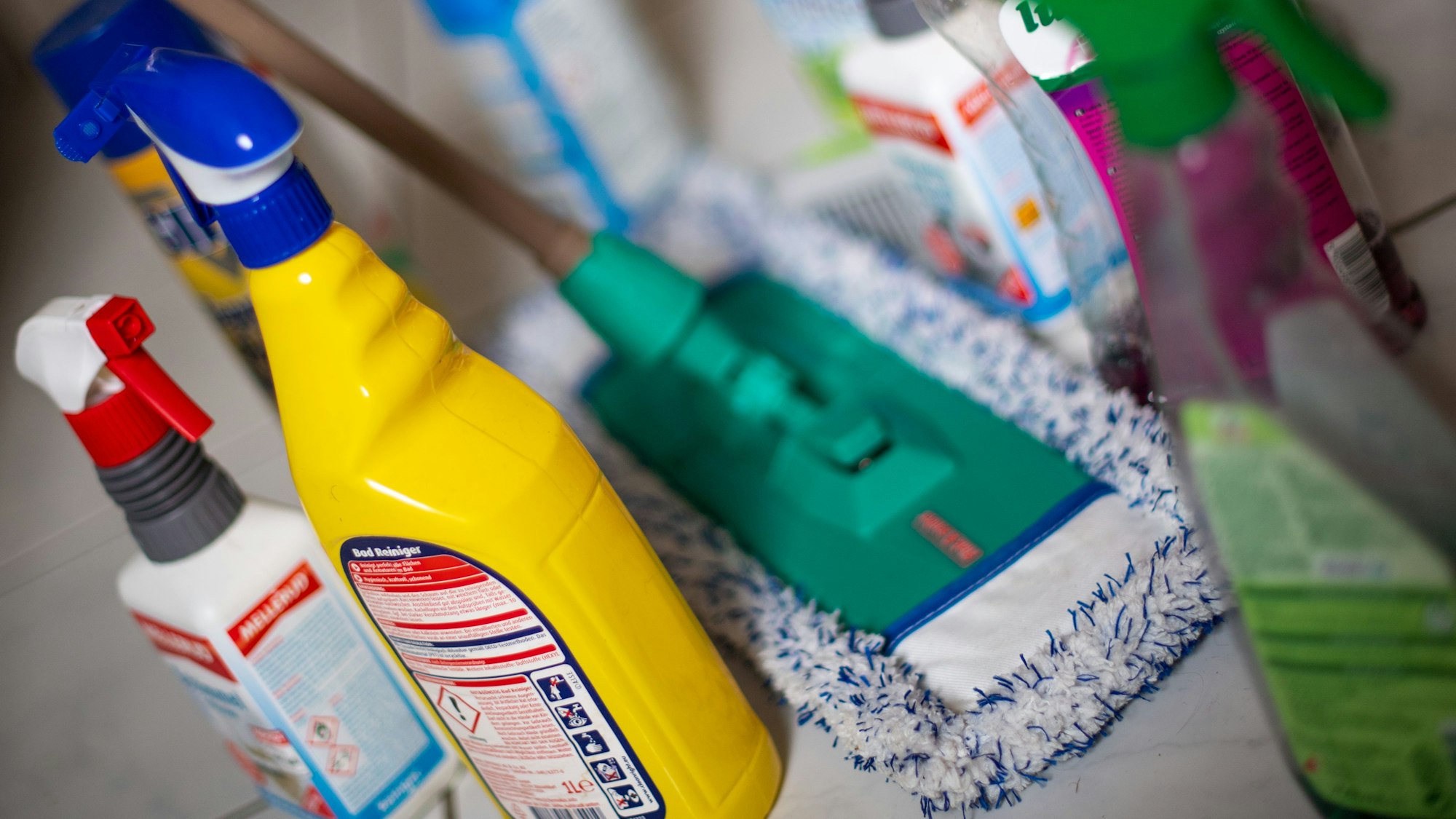 Diverse Putzmittel und ein Bodenwischer stehen in einer Wohnung auf dem Boden.