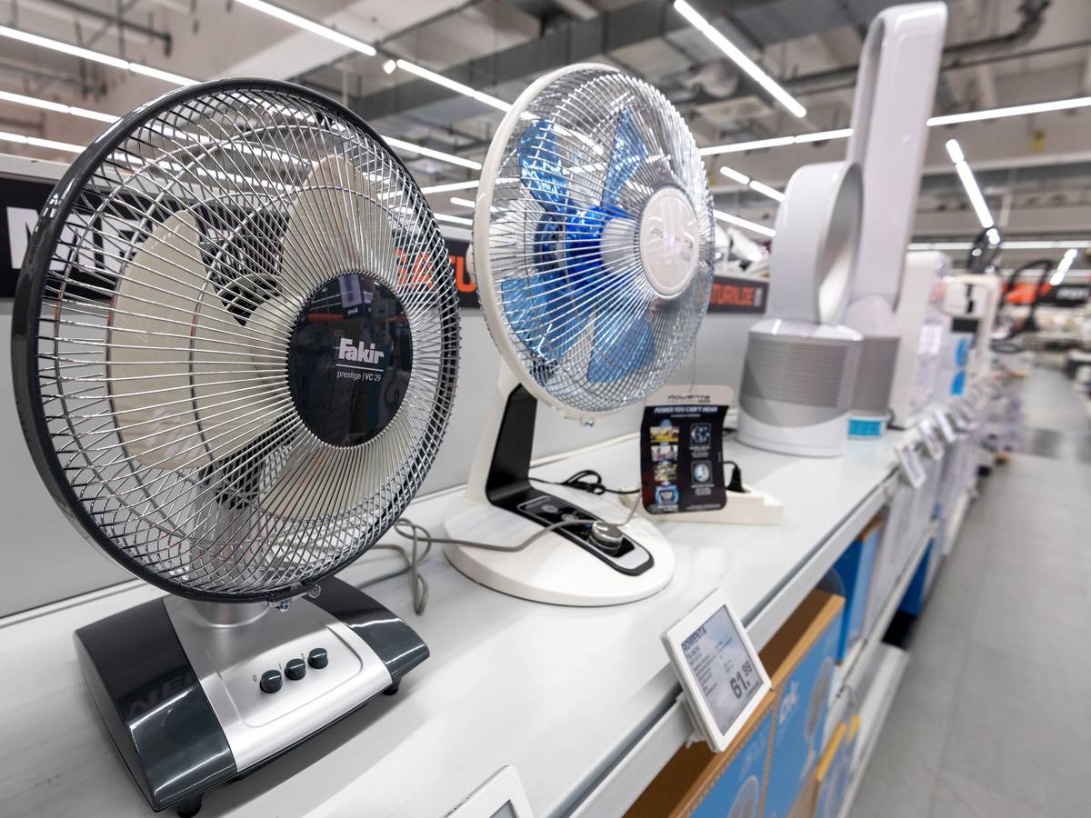 Einige Ventilatoren stehen in einem Elektromarkt.