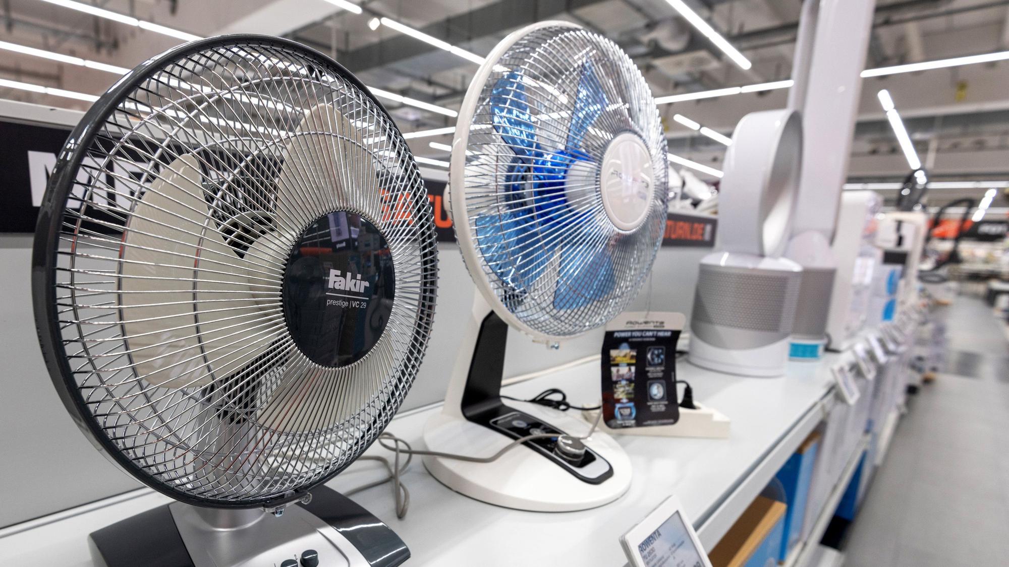 Einige Ventilatoren stehen in einem Elektromarkt.