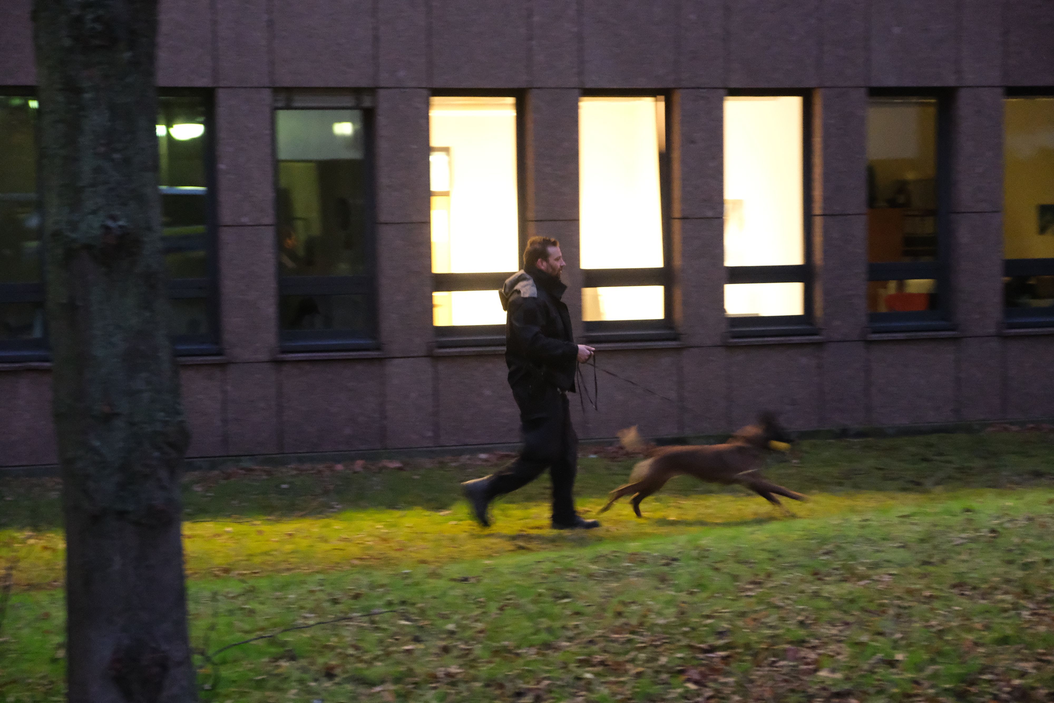 Ein Polizist geht mit seinem Polizeihund das Gelände am Amtsgericht Köln ab.