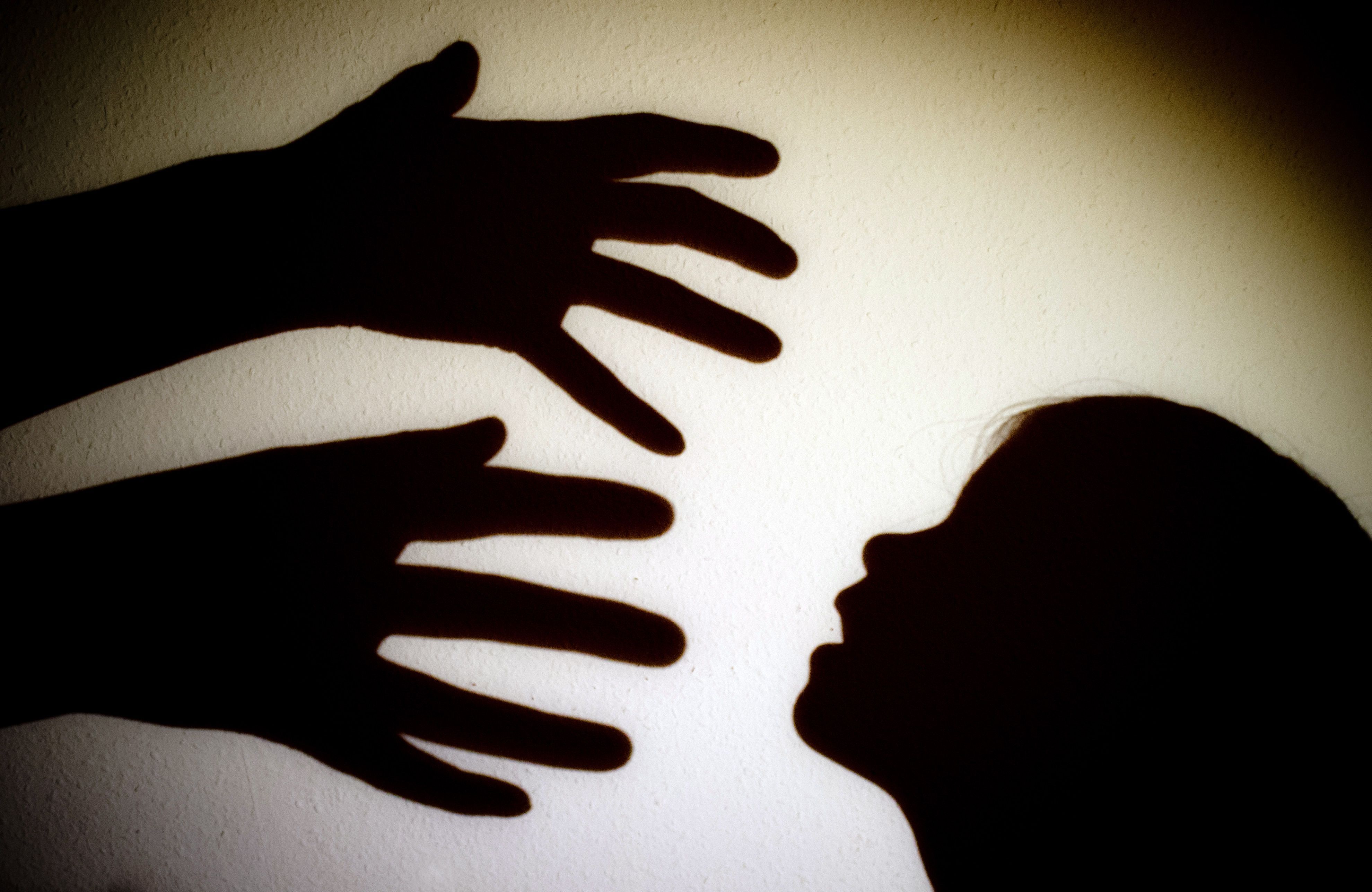 Schatten von Händen einer erwachsenen Person und dem Kopf eines Kindes an einer Wand eines Zimmers, Symbolfoto von Januar 2014.