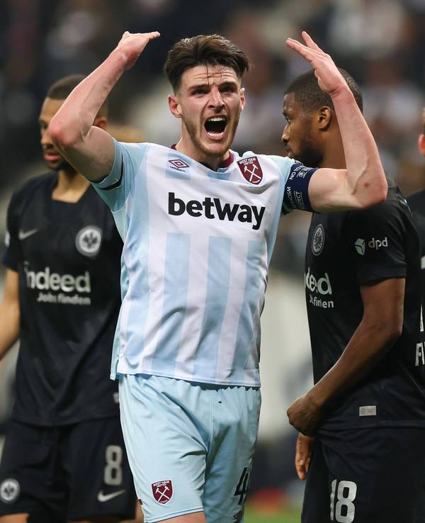 West Hams Declan Rice, hier bei der Europa-League-Partie gegen Eintracht Frankfurt am 5. Mai 2022, sorgte nach Abpfiff für einen Eklat.