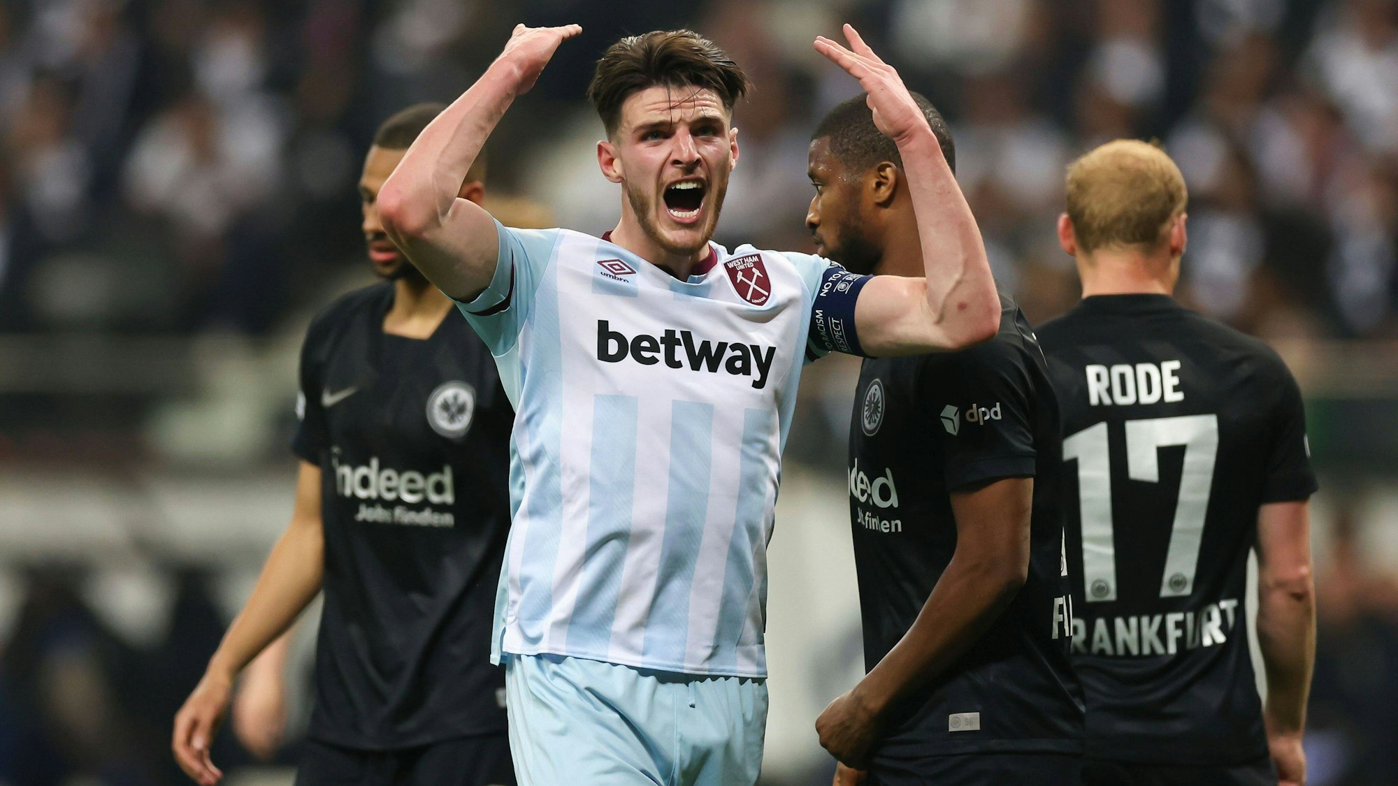 West Hams Declan Rice, hier bei der Europa-League-Partie gegen Eintracht Frankfurt am 5. Mai 2022, sorgte nach Abpfiff für einen Eklat.