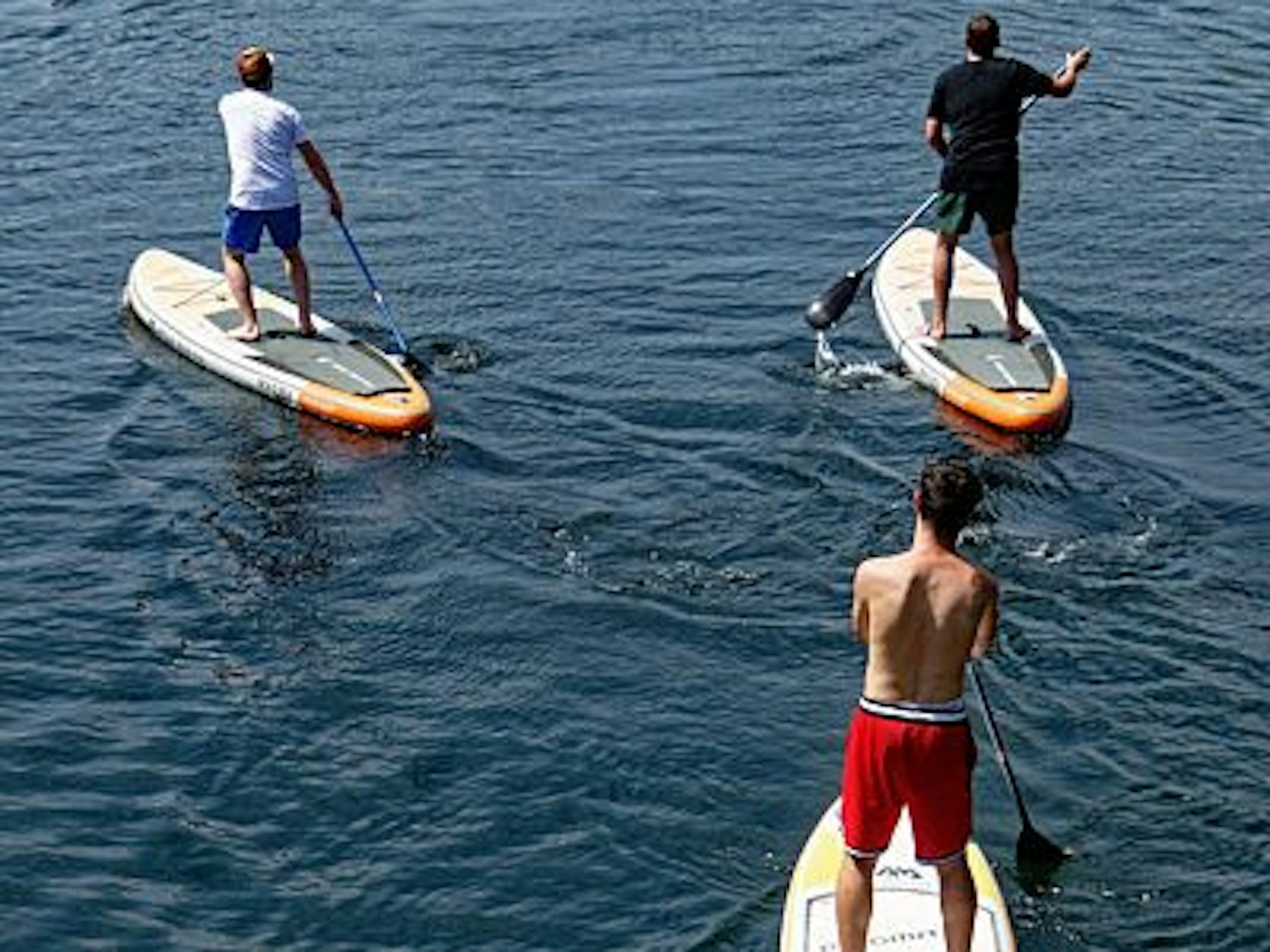 Drei unbekannte Stand-Up-Paddler fahren am 18. Juni 2021 über den Fühlinger See in Köln.