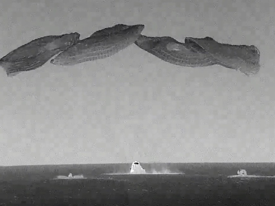 Die Dragon-Kapsel des privaten Raumfahrtunternehmens SpaceX fällt an Fallschirmen am Freitag, 6. Mai 2022, ins Meer. An Bord ist der deutsche Astronaut Matthias Maurer.