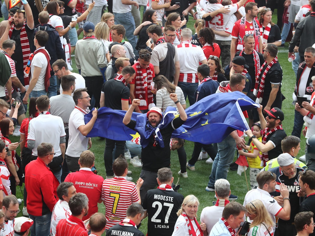 Fans des 1. FC Köln nach dem Spiel gegen Wolfsburg im Innenraum.