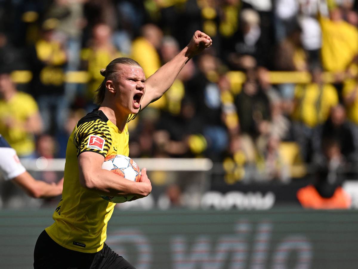 Erling Haaland hat den Ball in der Hand und jubelt mit erhobener Faust.