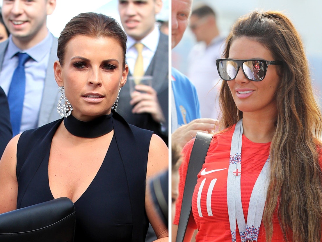 Spielerfrau Coleen Rooney (l) am 14.04.2018 in Liverpool und Spielerfrau Rebekah Vardy am 07.07.2018 in Samara.