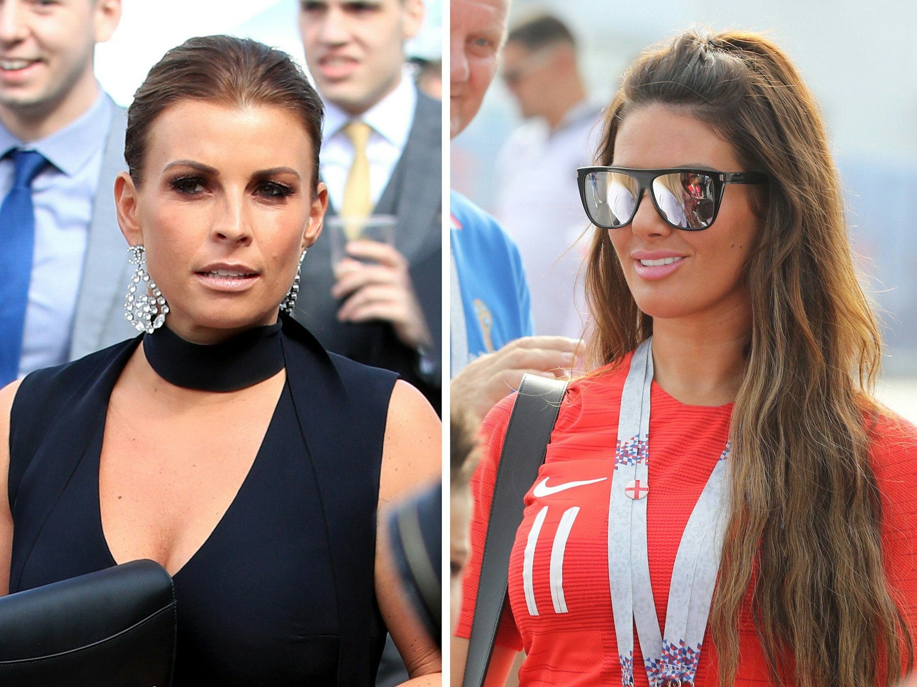 Spielerfrau Coleen Rooney (l) am 14.04.2018 in Liverpool und Spielerfrau Rebekah Vardy am 07.07.2018 in Samara.