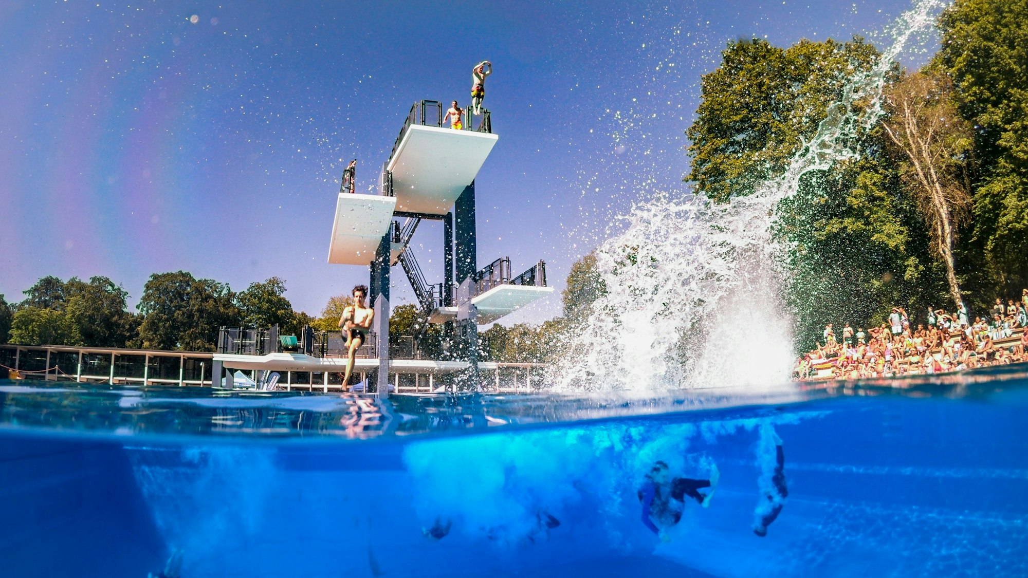 Turmspringer springen im Kölner Stadionbad ins Wasser.