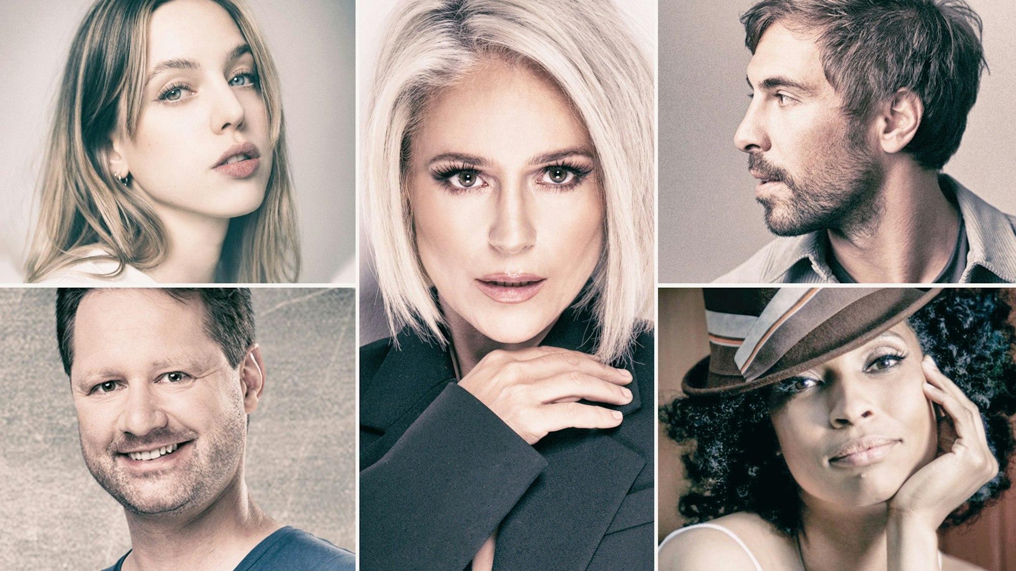 Die ursprüngliche deutsche Jury zum Eurovision Song Contest 2022 mit Felicia Lu (links), Christian Brost (links), Michelle (Mitte), Max Giesinger und Tokunbo.