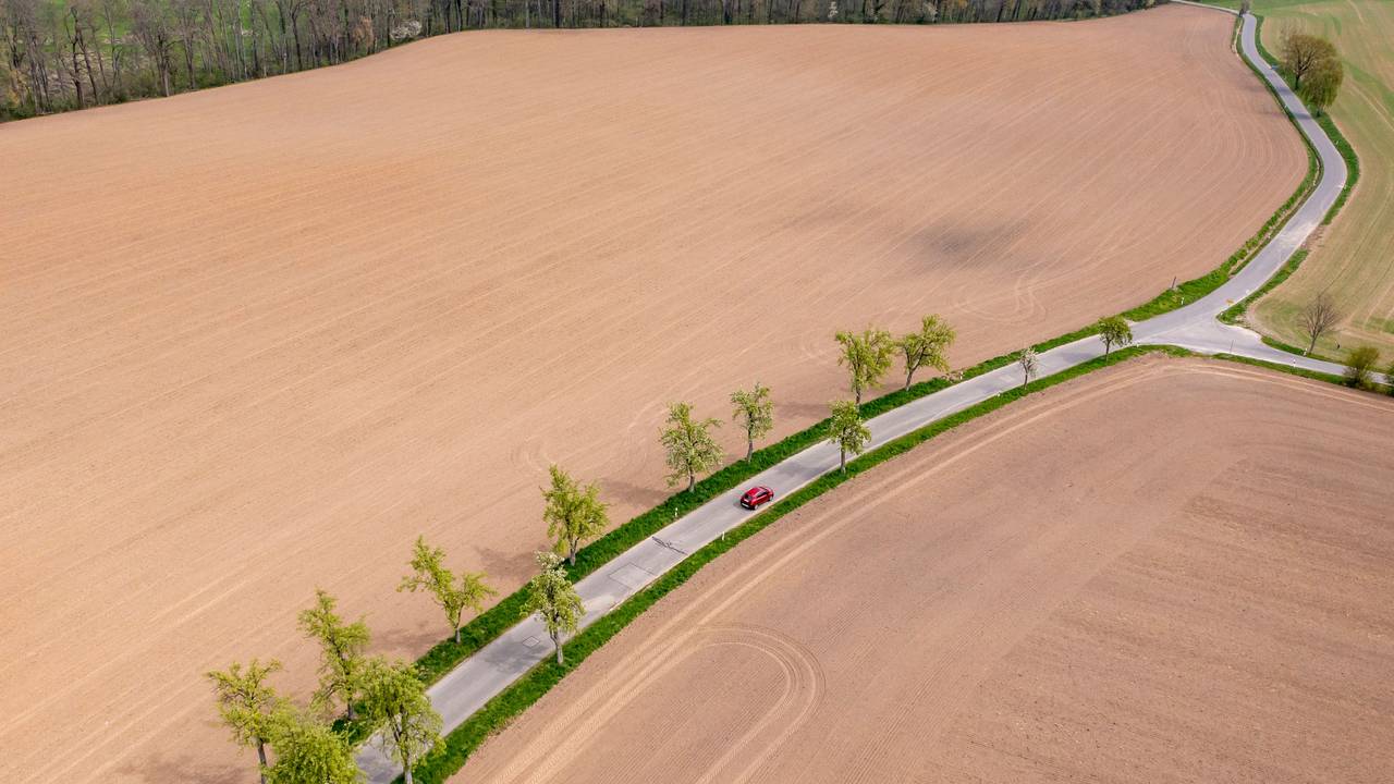 Ein Auto fährt im April über eine Straße mit grünen Bäumen führt zwischen zwei braunen Feldern hindurch. Das Frühjahr war in vielen Regionen Deutschlands deutlich zu trocken. Die fehlenden Niederschläge führen zu einer sogenannten Bodendürre.