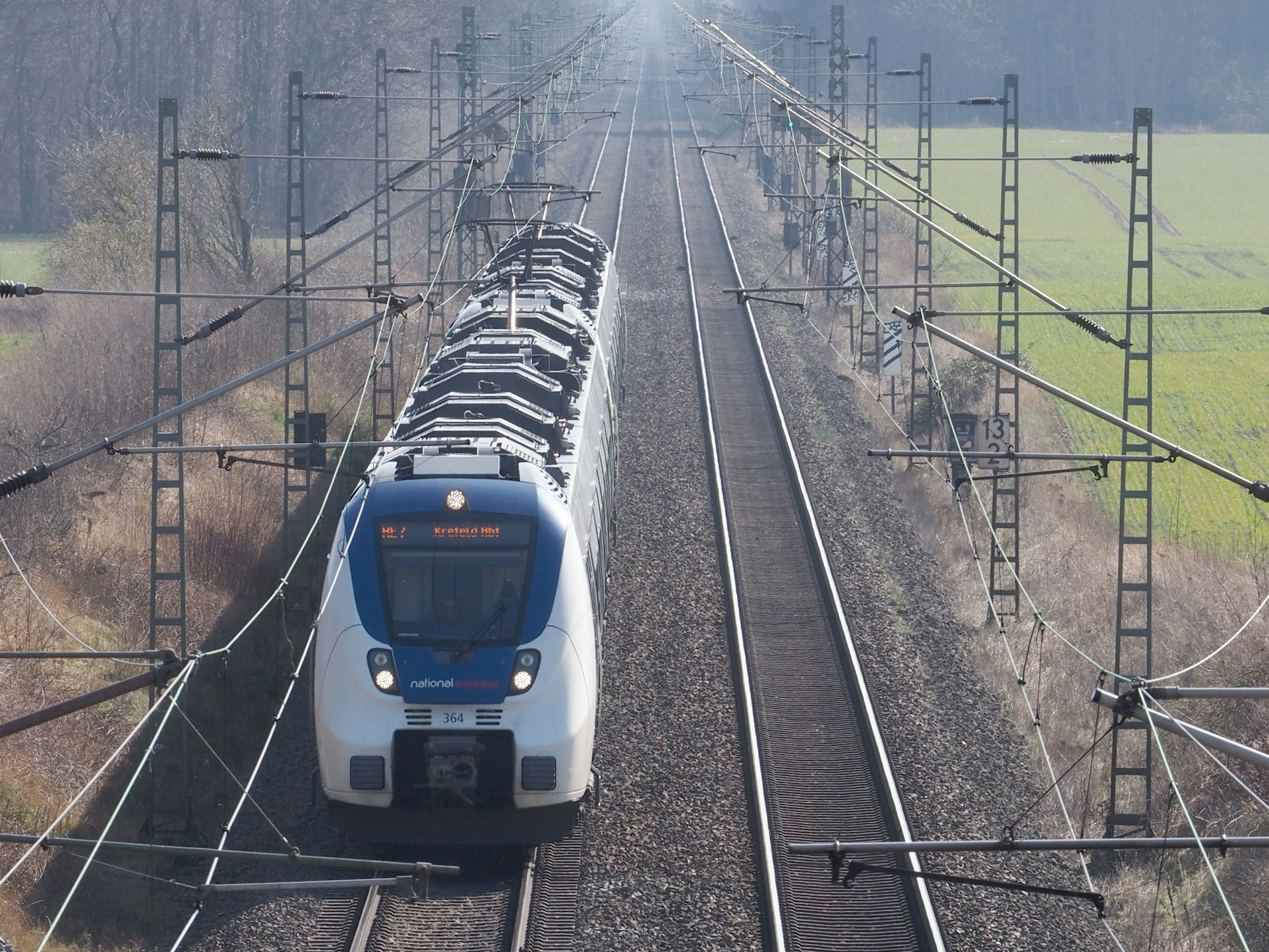 Eine Bahn steht auf den Gleisen, rechts und links Grünflächen und Gebüsch.