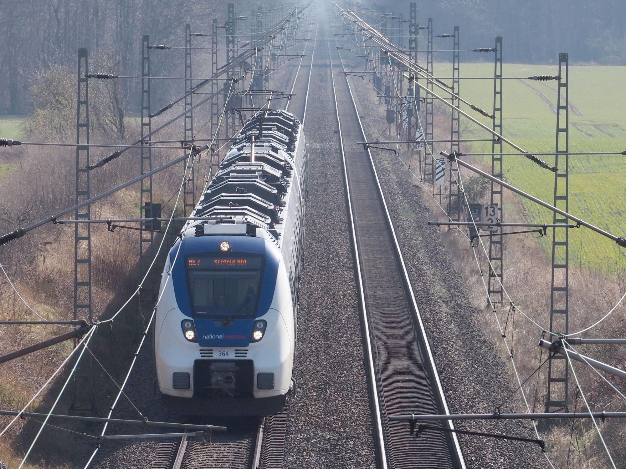 Eine Bahn steht auf den Gleisen, rechts und links Grünflächen und Gebüsch.
