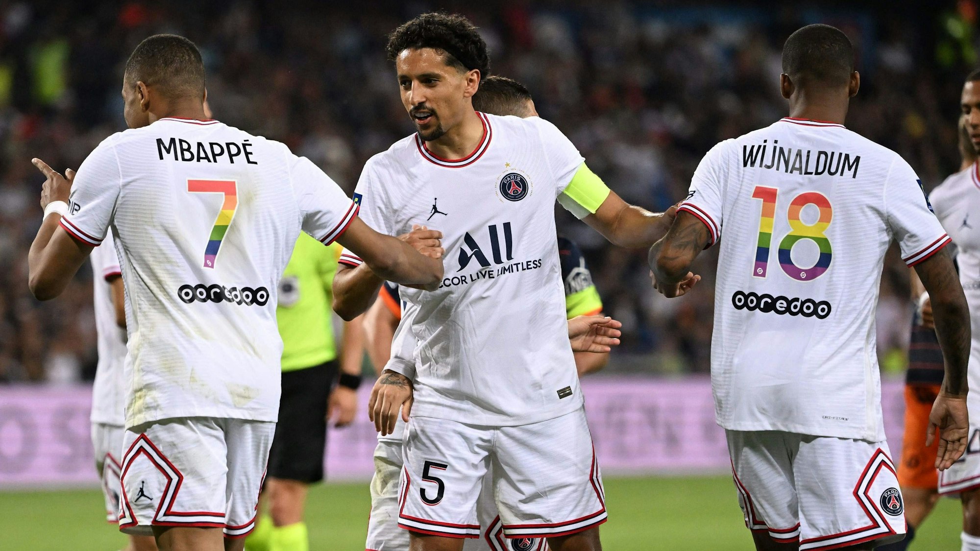 Kylian Mbyppé, Marquinhos und Georginio Wijnaldum beim Torjubel im Spiel von Paris Saint-Germain.