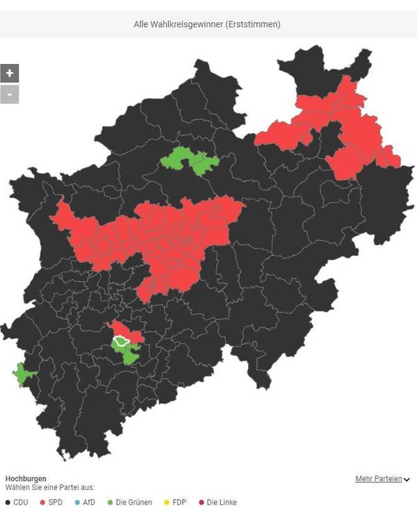 Die Karte zeigt die 128 Wahlkreise in NRW und die Hochburgen der Parteien 2022. Screenshot dpa.