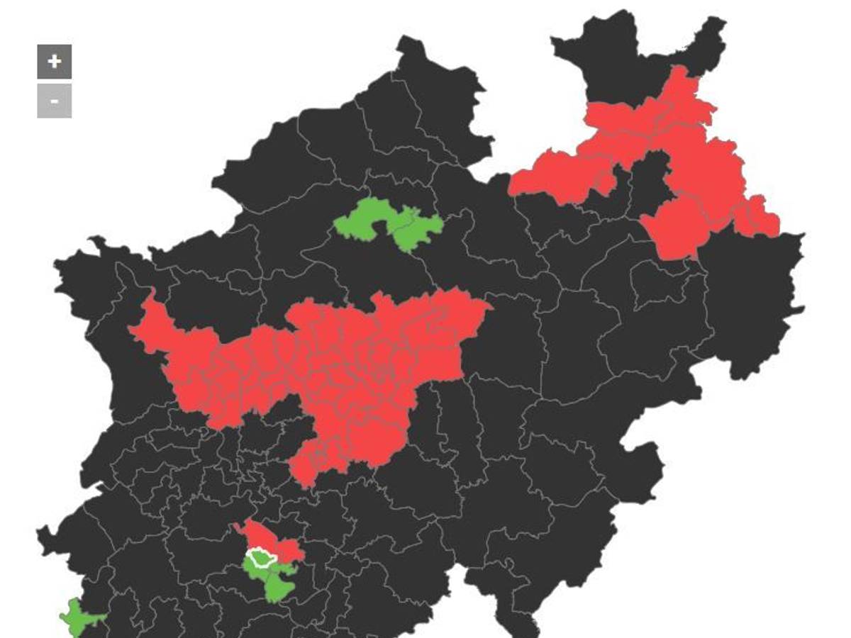 Die Karte zeigt die 128 Wahlkreise in NRW und die Hochburgen der Parteien 2022. Screenshot dpa.