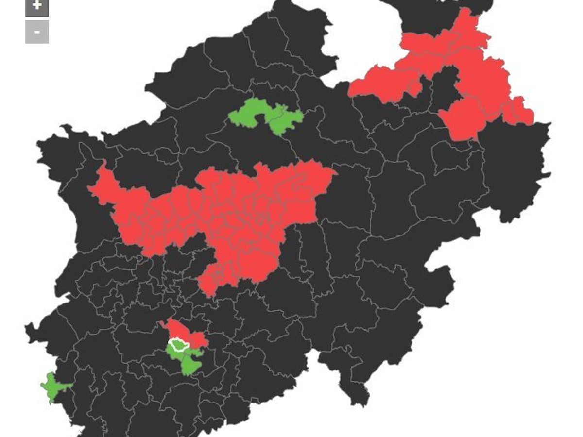 Die Karte zeigt die 128 Wahlkreise in NRW und die Hochburgen der Parteien 2022. Screenshot dpa.