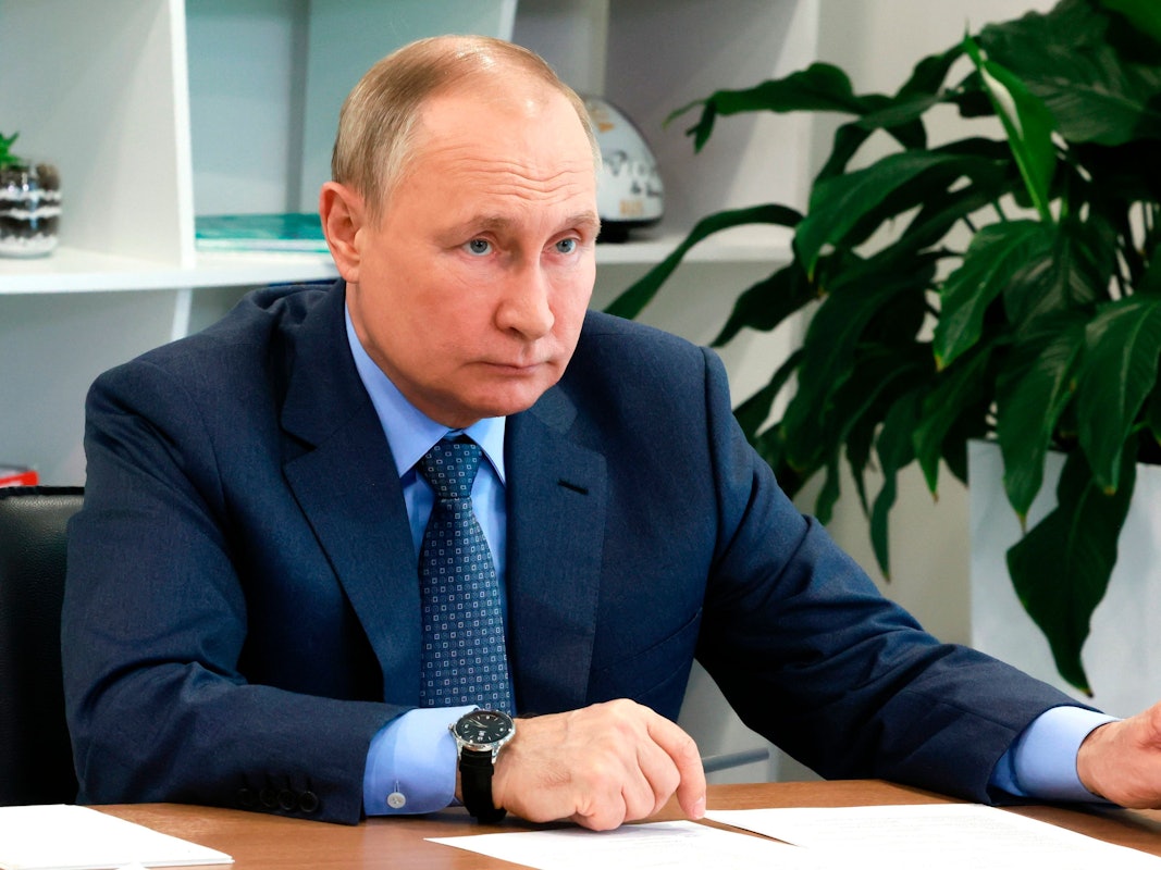 Russian President Vladimir Putin chairs a meeting of the Board of Trustees of the Talent and Success Educational Foundation via videoconference at the Sirius Educational Center for Gifted Children in Sochi, Russia, Wednesday, May 11, 2022. (Mikhail Metzel, Sputnik, Kremlin Pool Photo via AP)
