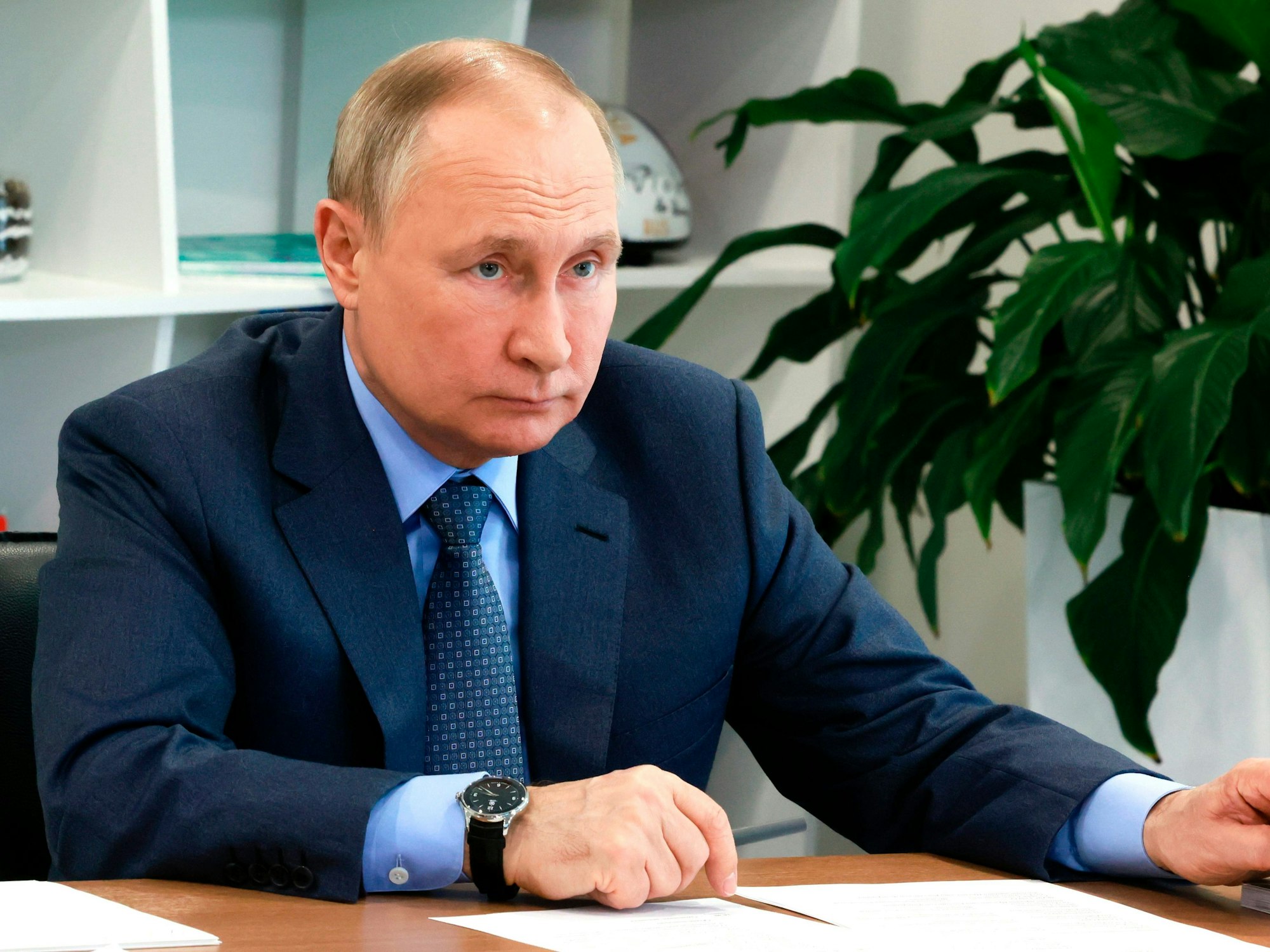 Russian President Vladimir Putin chairs a meeting of the Board of Trustees of the Talent and Success Educational Foundation via videoconference at the Sirius Educational Center for Gifted Children in Sochi, Russia, Wednesday, May 11, 2022. (Mikhail Metzel, Sputnik, Kremlin Pool Photo via AP)